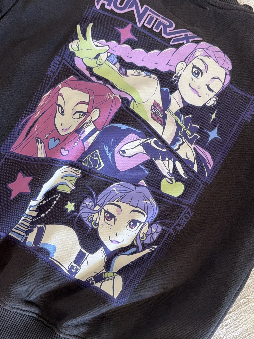 Kids Dark Grey DEMON HUNTERS Crewneck Sweatshirt with Purple & Pink Characters